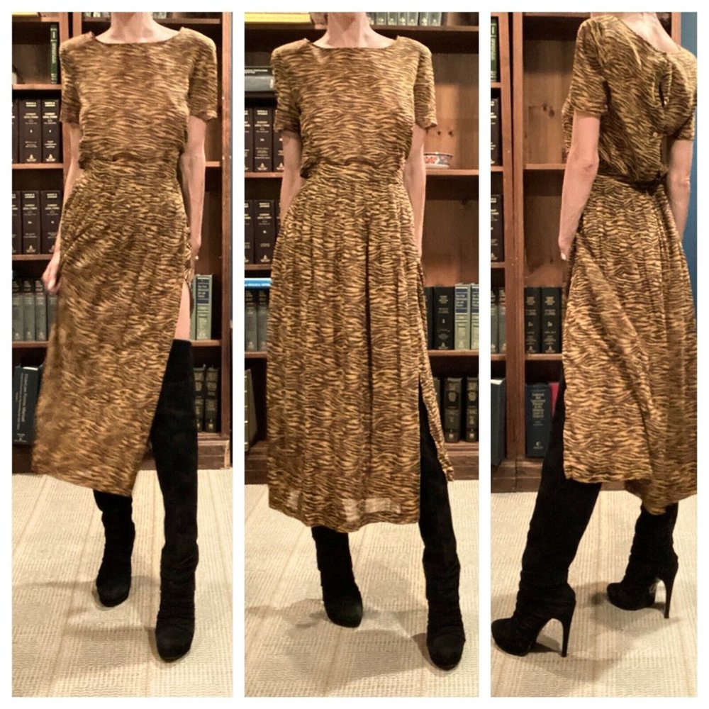 Vintage Carlisle Blouse & Skirt Set Chiffon Top Midi with Slit Leopard Animal S
